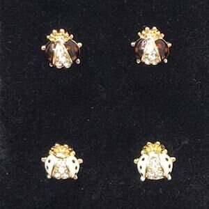 Stud Earrings Ladybug Goldtone One Red Pair One White Pair Pierced New Backs